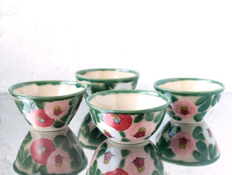 White-red-pink camellia-painted rice bowl - 碗 - 陶 
