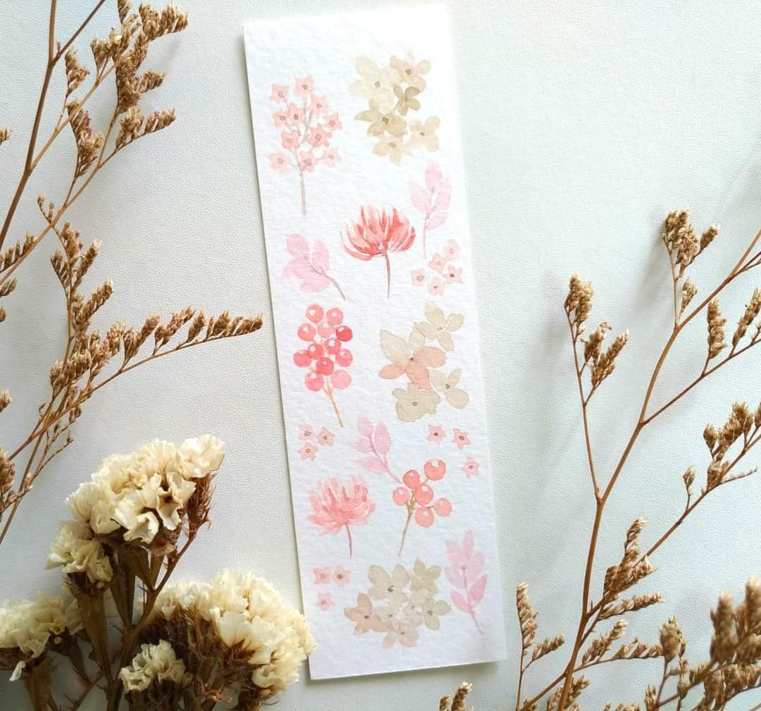 粉红水彩花草插画书签 礼物卡片 (原画) - 卡片/明信片 - 纸 粉红色