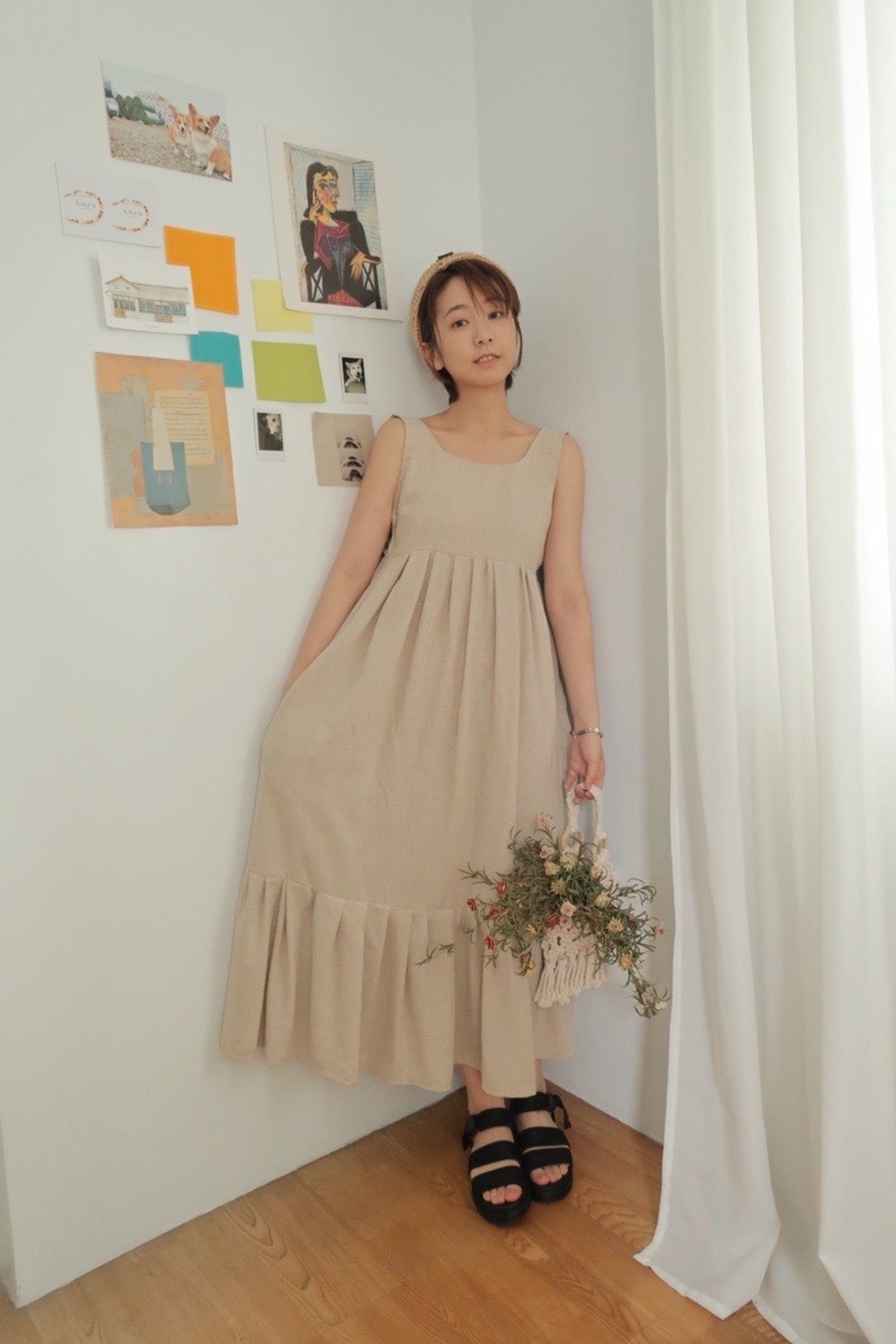 野餐女孩篓空长洋装 - 洋装/连衣裙 - 棉．麻 卡其色