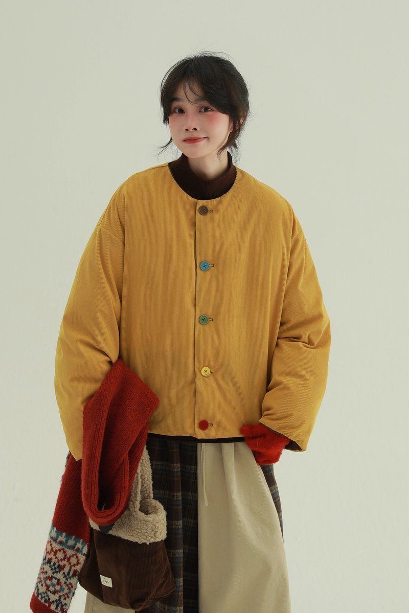 2顔色 面童趣 兩面彩色扣子羽絨服 休閒保暖白鴨絨外套 - 女装休闲/机能外套 - 其他人造纤维 黄色