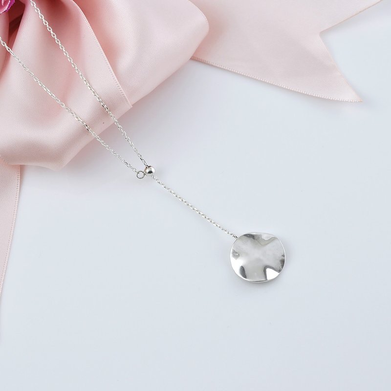 波浪圆片调节珠长项链 925纯银 - 长链 - 纯银 银色