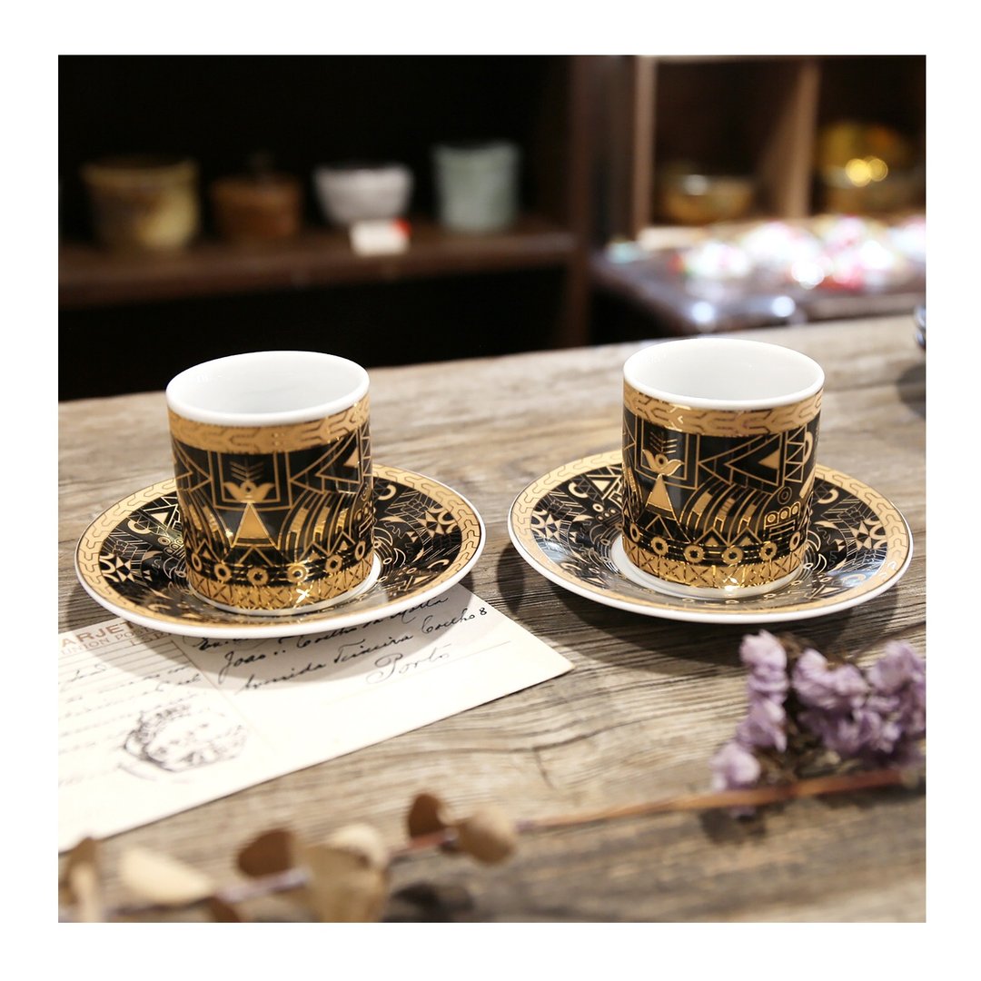 泰国老件.黑底描金小瓷杯盘组.浓缩咖啡杯组.小茶杯.两组共四件 - 茶具/茶杯 - 瓷 