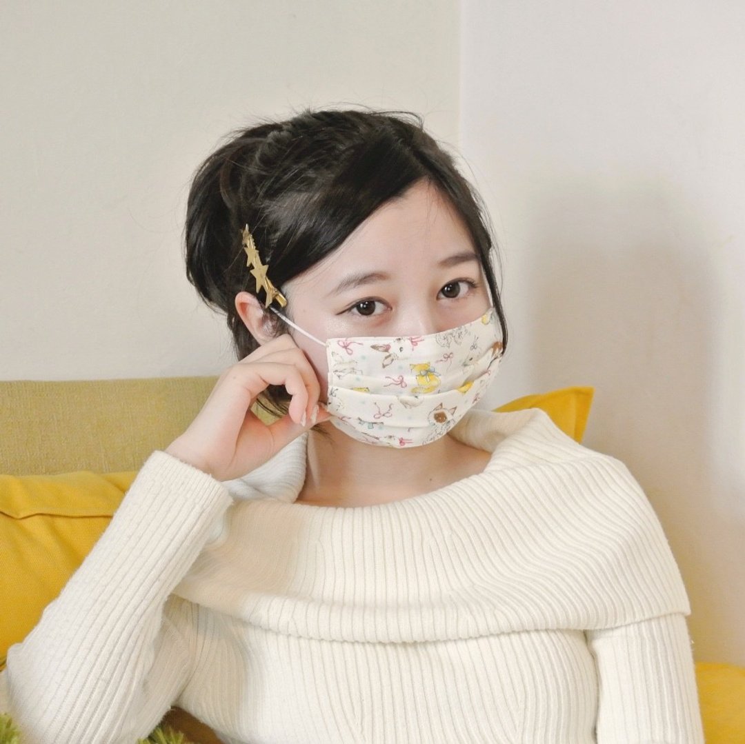 可洗涤、舒适且可爱的手工立体口罩 Cat / Rabbit White 猫 兔 透气良好 日本设计 | TEMARIYA - 口罩 - 棉．麻 白色