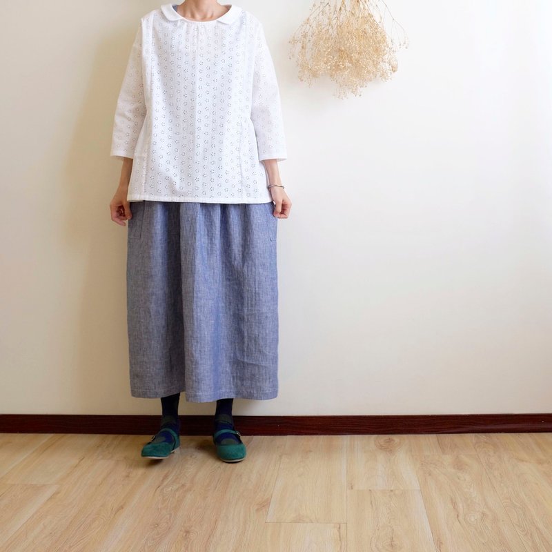 日常手作服   优雅白小丸襟八分袖宽罩衫  刺绣纯棉  领口较小 - 女装上衣 - 棉 白色
