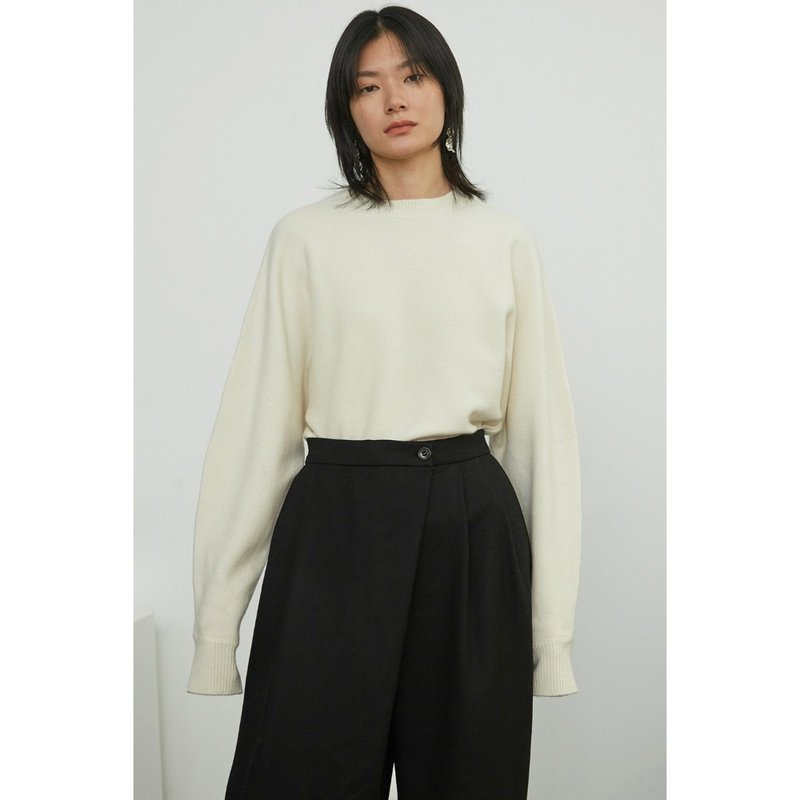 奶白色 两色 必入羊腿袖廓形毛衣 圆领套头气质经典长袖纯羊毛 - 女装针织衫/毛衣 - 羊毛 白色