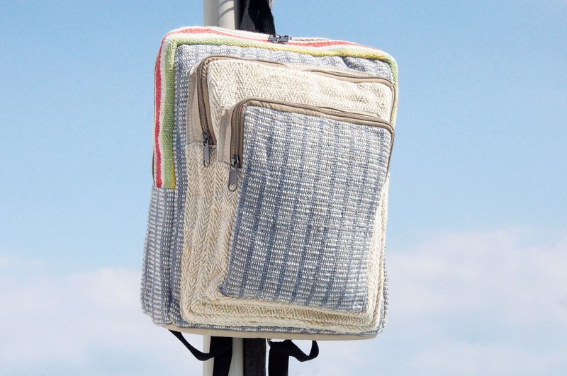 棉麻拼接设计后背包/肩背包/民族登山包/拼布包-蓝色世界 几何 - 后背包/双肩包 - 棉．麻 多色