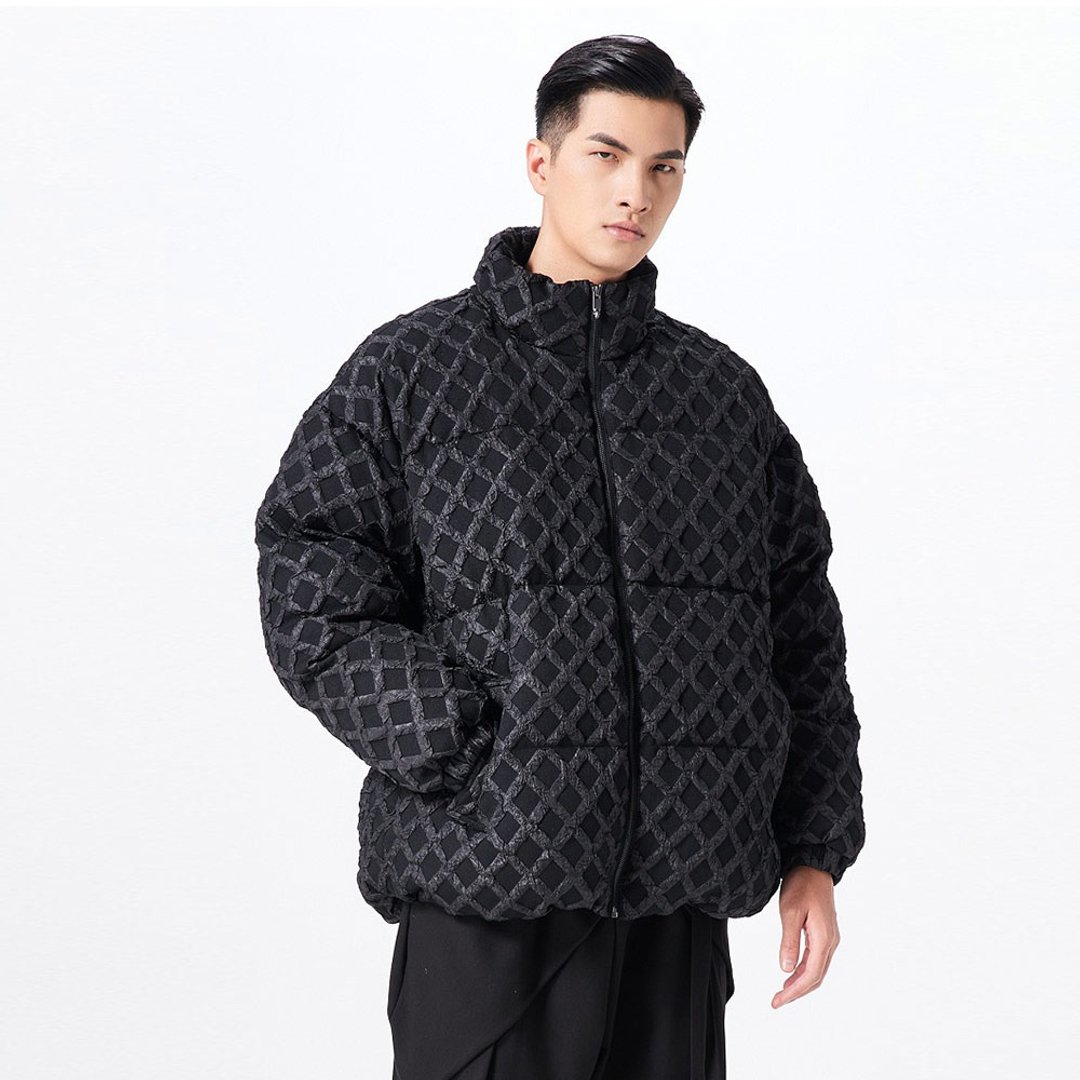 冬季华夫格立领短款羽绒服加厚面包服外套 - 男装外套 - 聚酯纤维 灰色