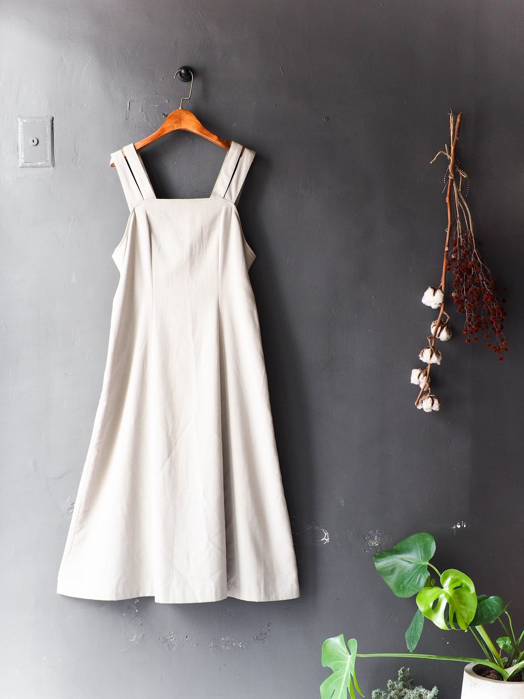 河水山 - 徳岛经典素面卡其灰色时代 古董连身吊带洋装长裙 overalls oversize vintage dress - 洋装/连衣裙 - 棉 卡其色