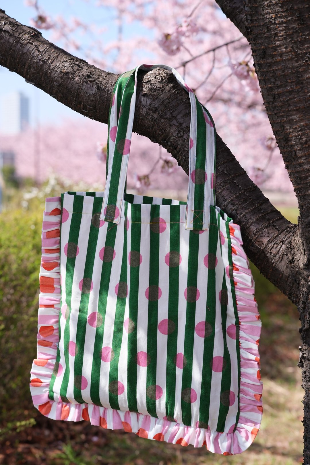绿色直条波点 tote bag - 侧背包/斜挎包 - 棉 绿色