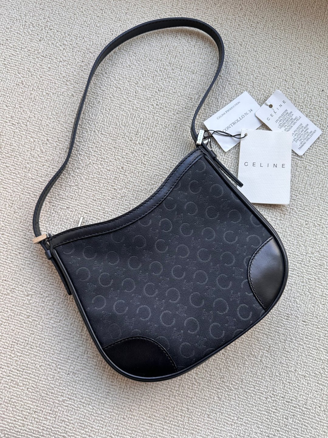 中古包 Vintage Celine 黑色凯旋门刺绣图案腋下包 - 手提包/手提袋 - 棉 黑色