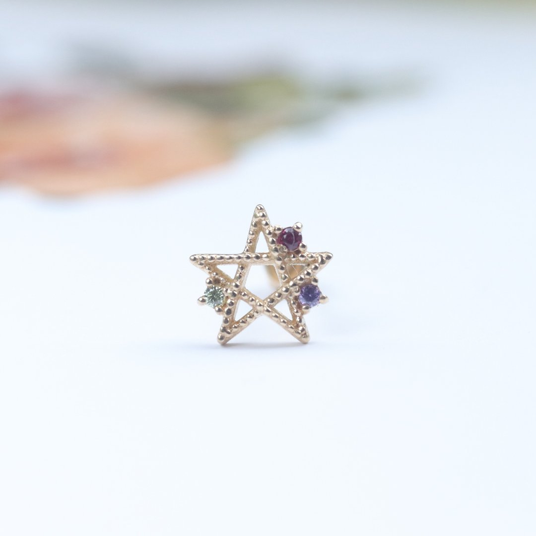 14K 钻石星星锁珠耳环 (单个) 彩色宝石耳骨 耳窝 不退色 - 耳环/耳夹 - 贵金属 