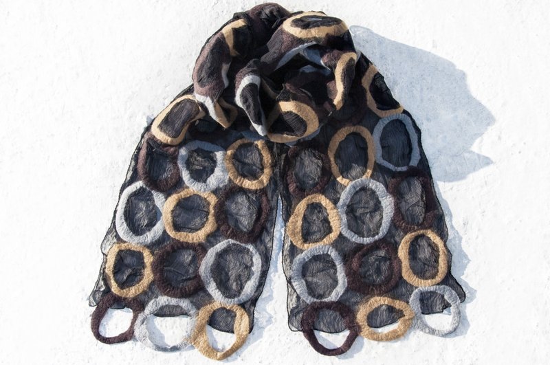 手工羊毛毡丝巾/湿毡丝巾/水彩艺术感围巾/羊毛围巾-大地色系圆圈 - 丝巾 - 羊毛 多色