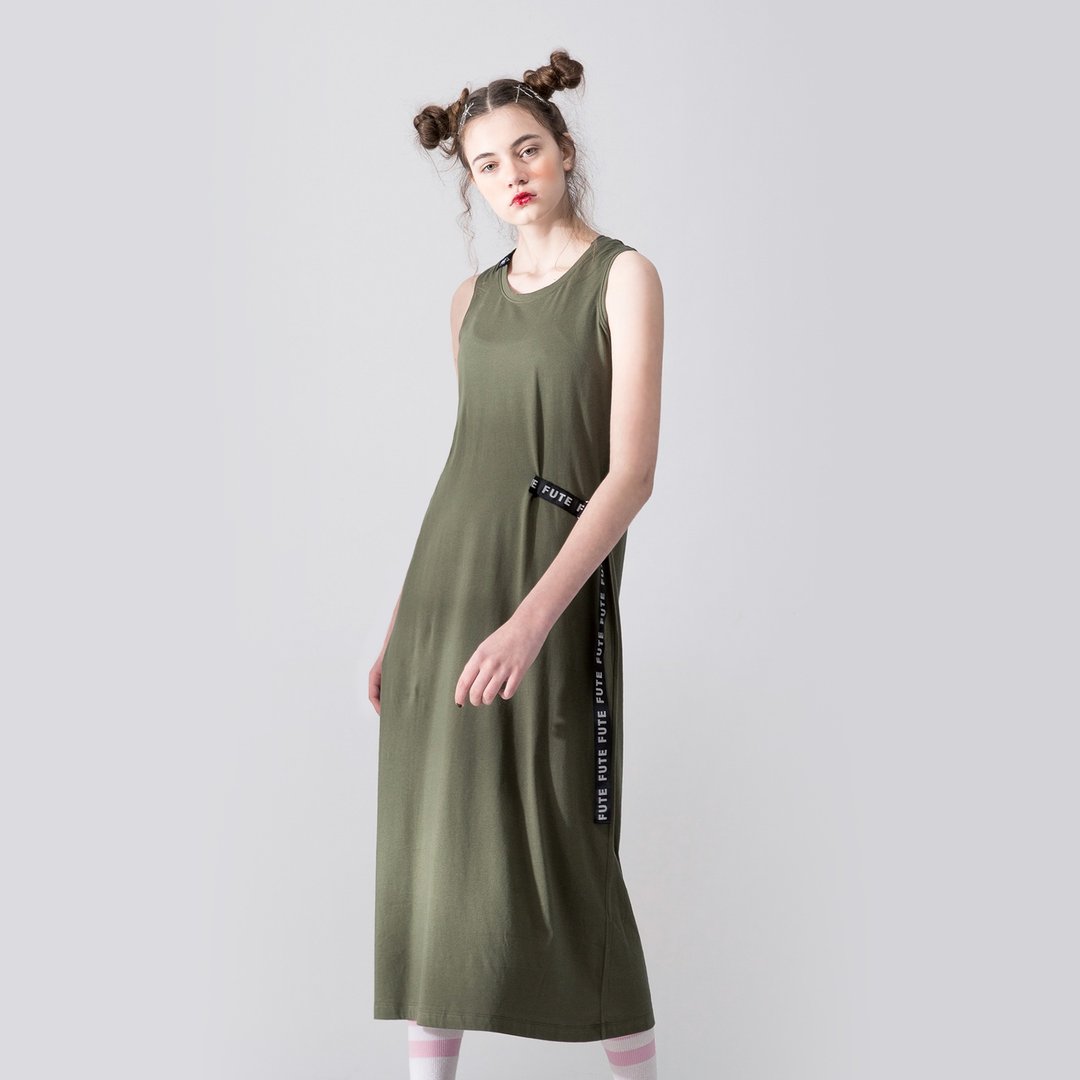 女款 调节腰绑带 圆领 无袖 长洋装 / 军绿 - 洋装/连衣裙 - 棉 绿色