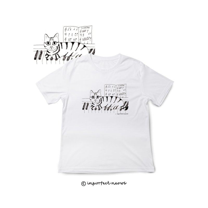 不完美猫咪 Impurfect Meows | 钢琴猫T-Shirt - 男装上衣/T 恤 - 棉．麻 白色