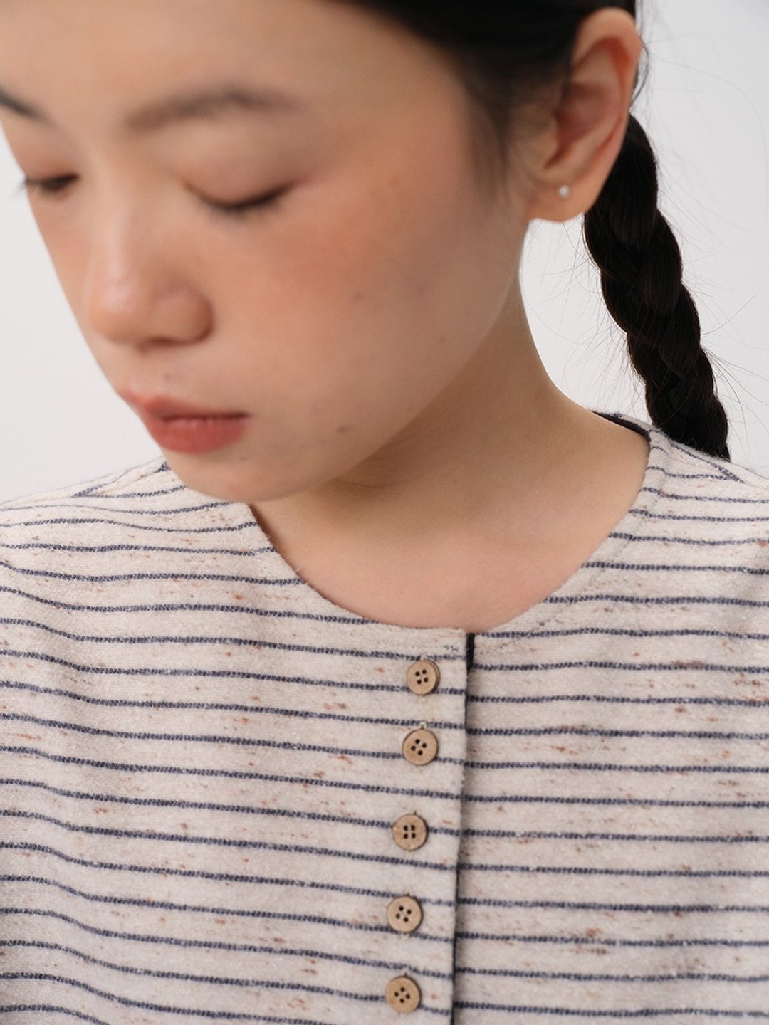 磨毛条纹杂色棉混纺长袖T恤衬衫 日本面料 - 女装上衣 - 棉 白色