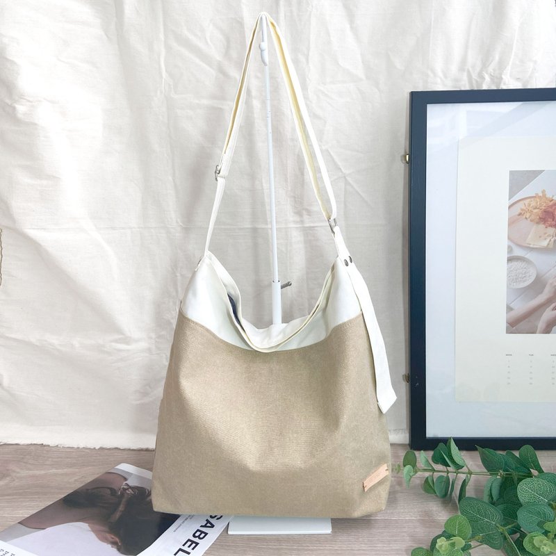 文青拼色 大容量轻量随性肩背 斜跨包 LAZY BAG  #82水洗浅褐色 - 侧背包/斜挎包 - 棉．麻 卡其色