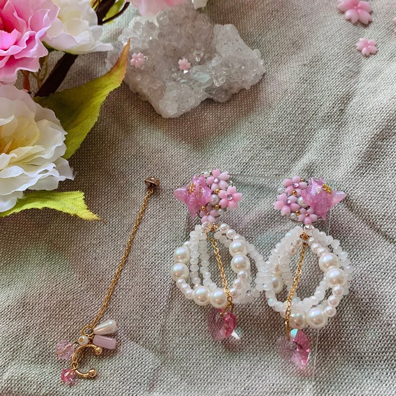 【樱花魟-春季限定】零樱的海面 耳环/耳夹 - 耳环/耳夹 - 树脂 粉红色