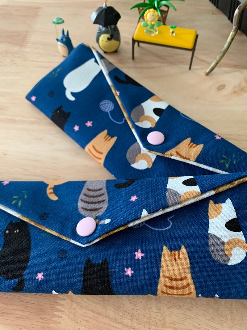 文青风环保纯棉筷袋 沉思猫咪 沈稳蓝 幸福满满 雕花镂叶 日本 潮 - 收纳用品 - 棉．麻 蓝色