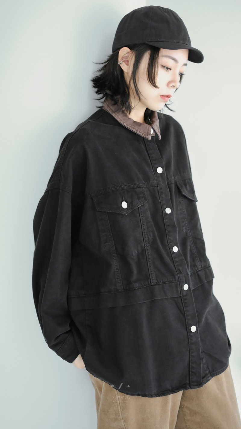 深夜食堂拼色领微宽牛仔衬衫 现货 - 女装衬衫 - 棉．麻 黑色