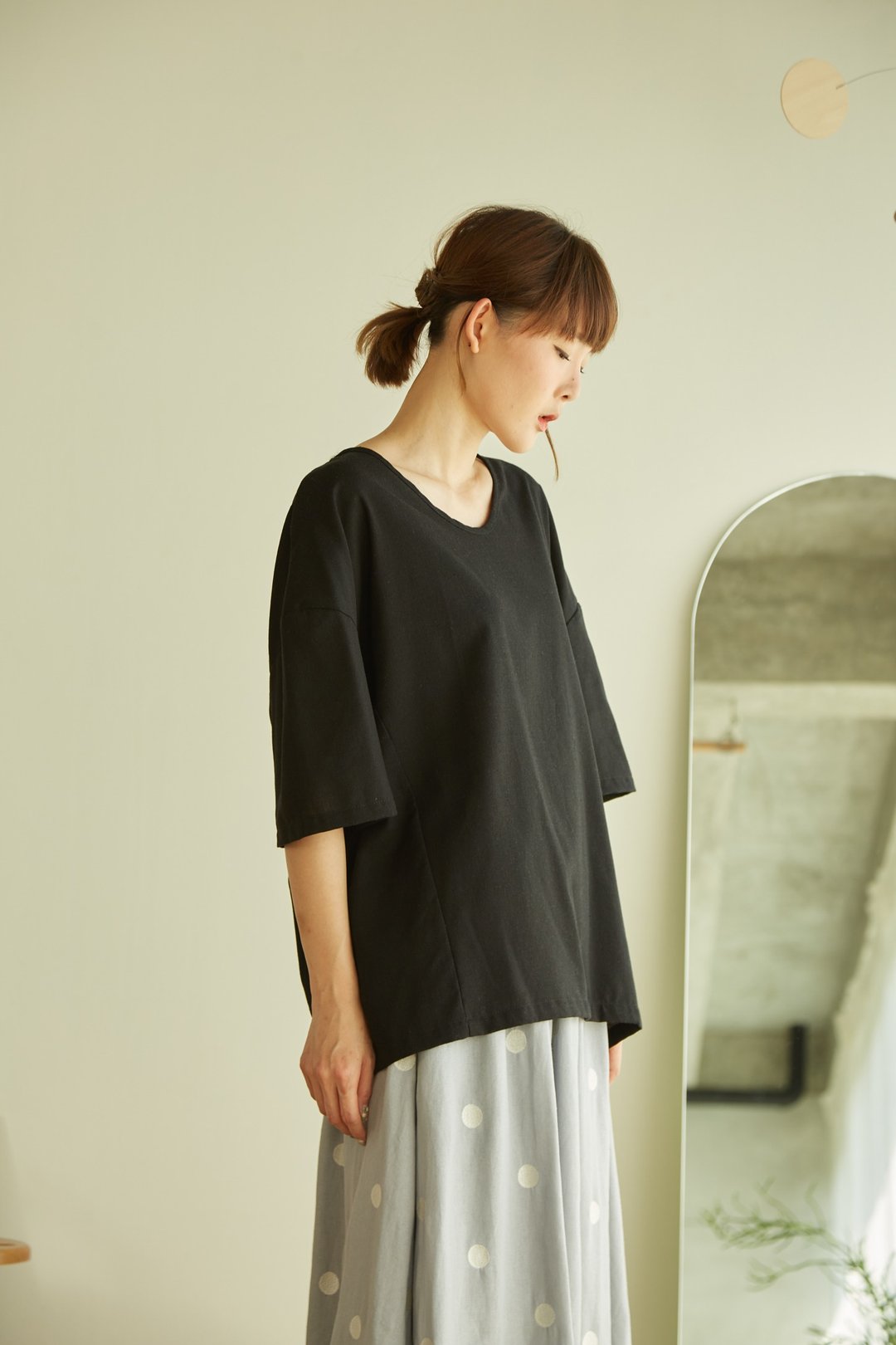 Linen Oversize Short Sleeve T-Shirt - Black Color - 女装上衣 - 棉 黑色