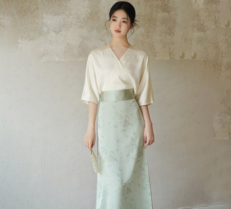 【晚香玉】新中式复古中国风 暗纹提花领长裙 - 女装长裤 - 其他材质 绿色