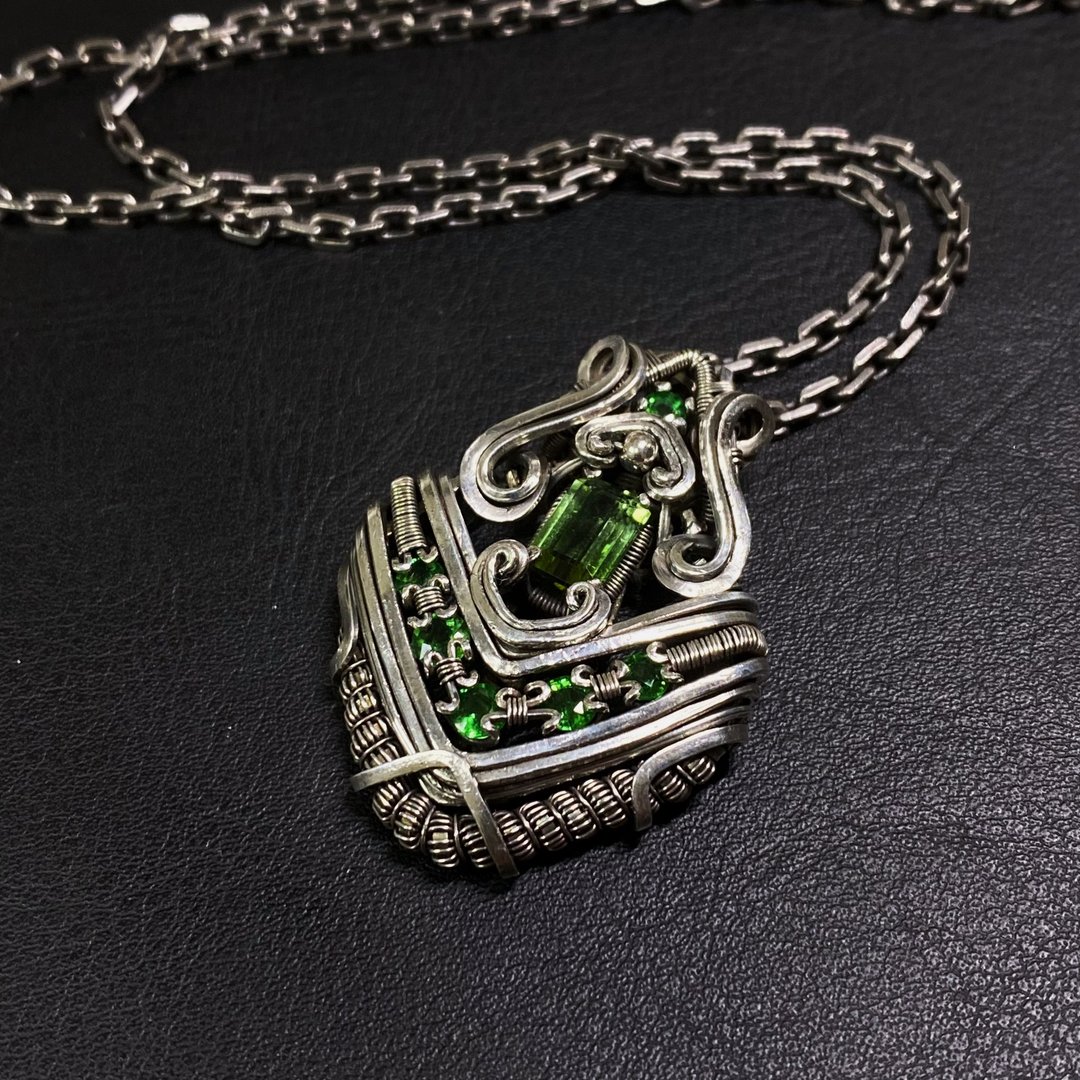 沙佛莱 碧玺  项链 石榴石 金属编织 银饰 - 项链 - 宝石 绿色