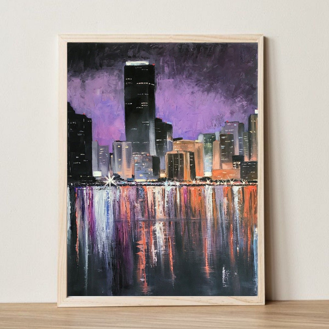 夜香港 原画 手工 客厅墙壁装饰 油画 客厅 挂画 油画 挂画 - 墙贴/壁贴 - 亚麻 蓝色