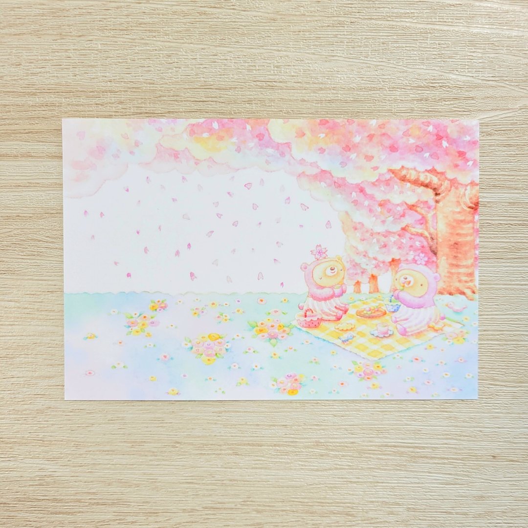 樱花赏花小熊 明信片 两张组 - 卡片/明信片 - 纸 白色