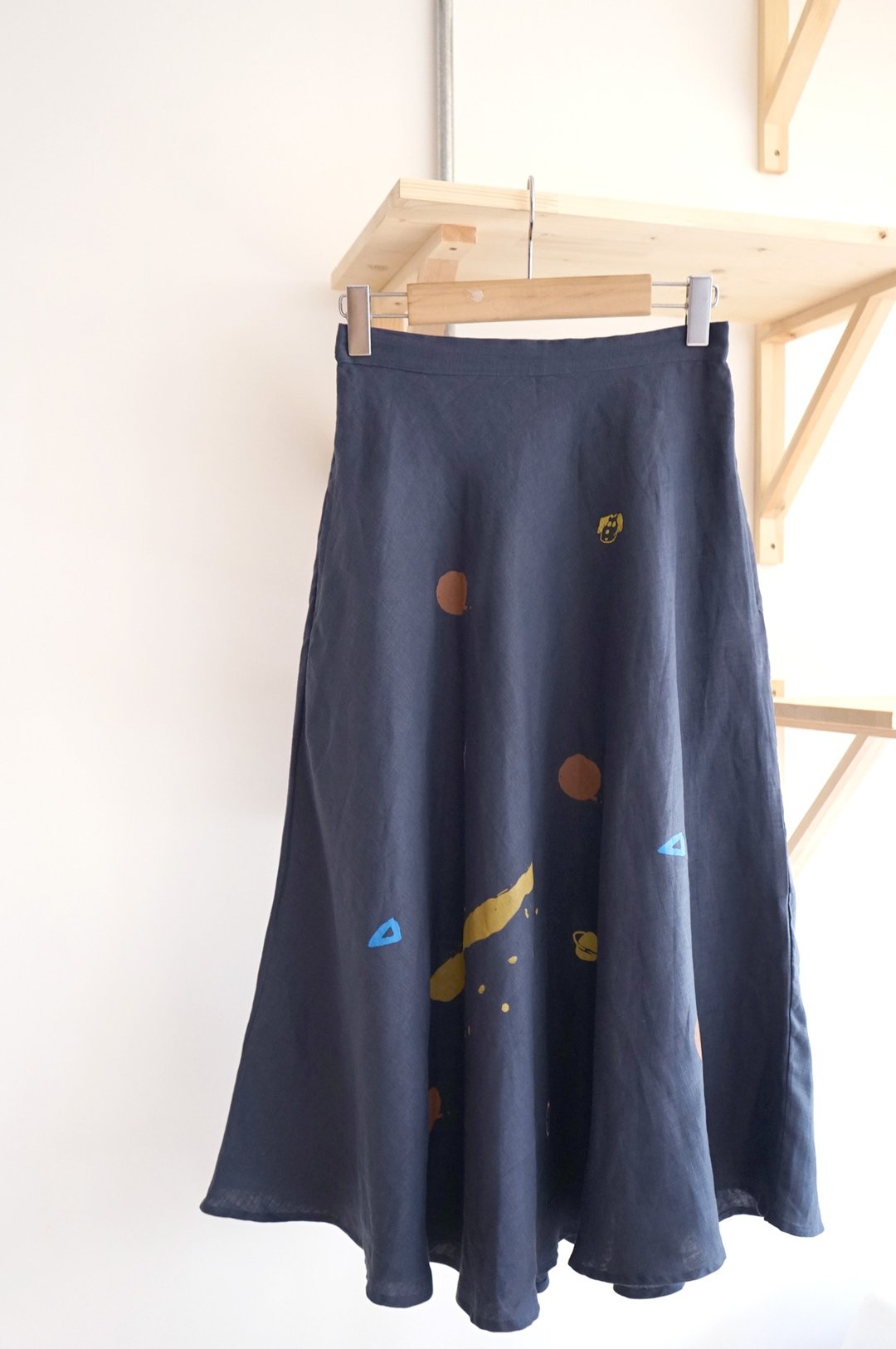 Yinke印花小狗宇宙 / 大点小点 印花松紧口袋圆裙 - 裙子 - 棉 蓝色