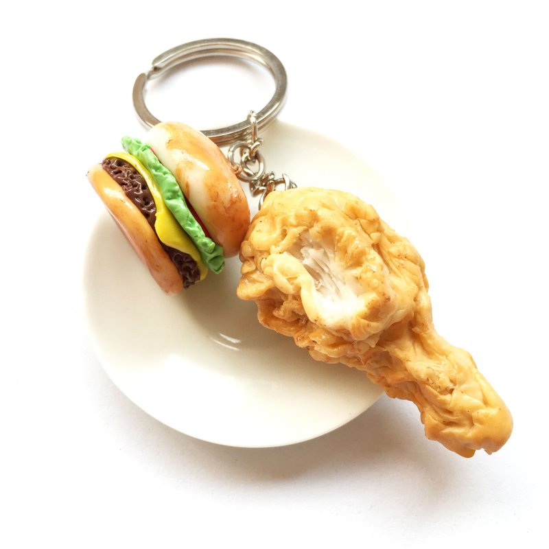 Keychain Hamburger + Fried Chicken - 钥匙链/钥匙包 - 粘土 橘色