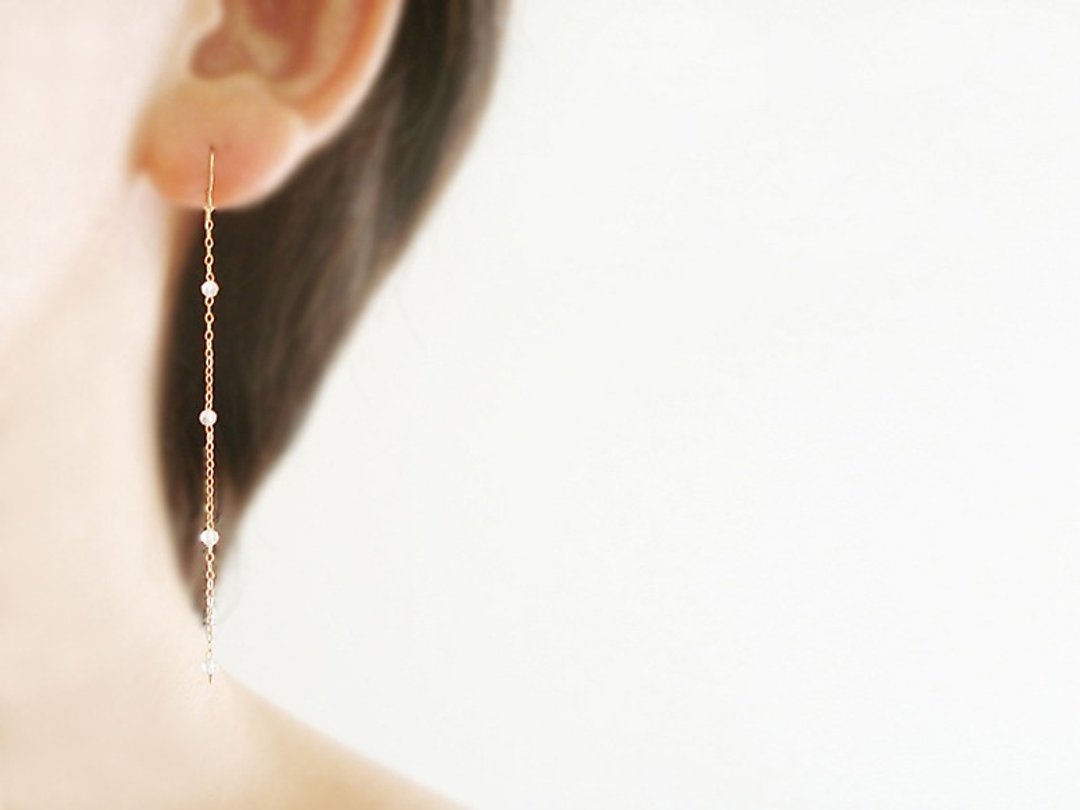 14KGF White Topaz and long chain, hook earrings 穿孔 - 耳环/耳夹 - 石头 透明