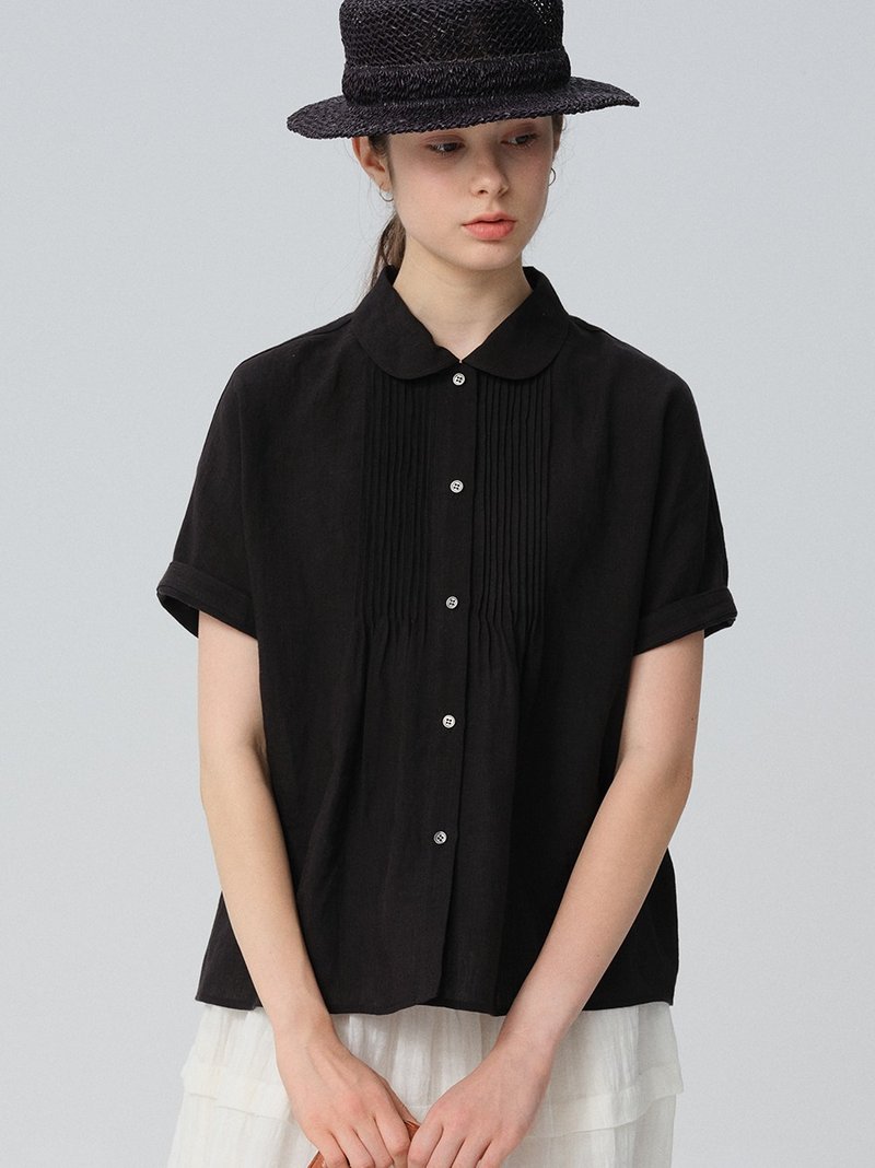 宽松圆领塔克黑色水洗亚麻短袖百搭衬衫 - 女装上衣 - 棉．麻 黑色