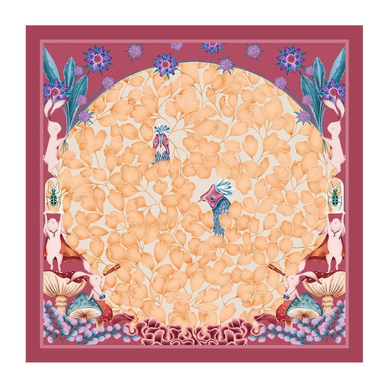 手绘丝巾 / 蓝腹鹇 / 红花 / 65x65cm - 丝巾 - 聚酯纤维 红色