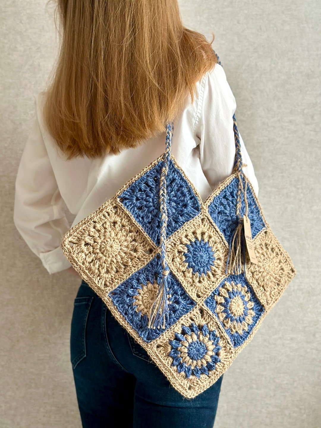 PDF PATTERN Crochet Blue Sunburst Jute Bag, Crochet Bag Pattern, Jute Bag - 手工艺教程/工具书 - 其他材质 