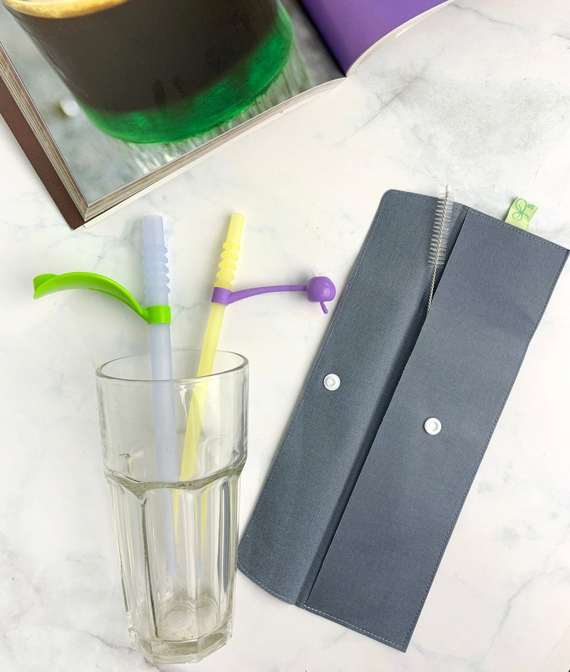 POKING-豆叶配苹果-硅晶小豆芽硅胶吸管-专利认证- 蓝配黄 - 其他杯子 - 硅胶 