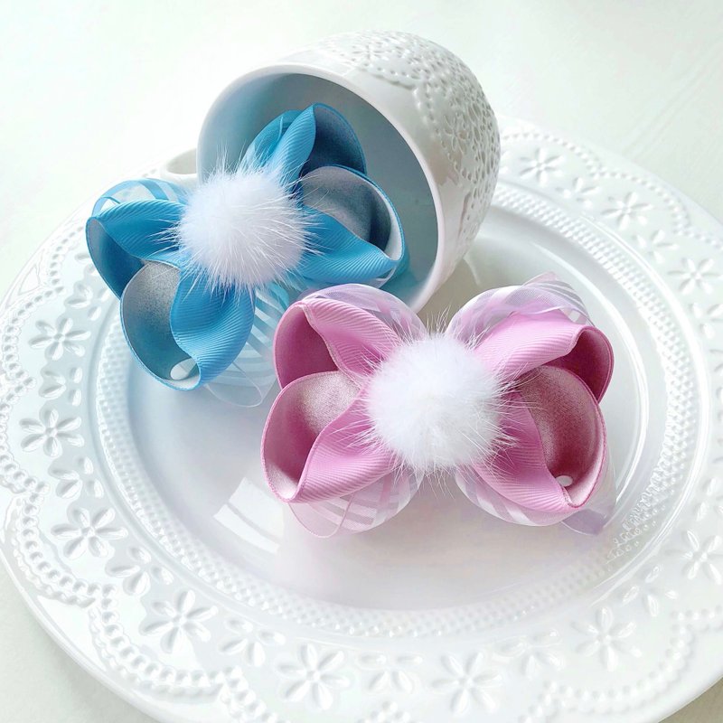 毛球条纹雪纺双层蝴蝶结发夹弹簧夹 - 婴儿饰品 - 其他材质 白色