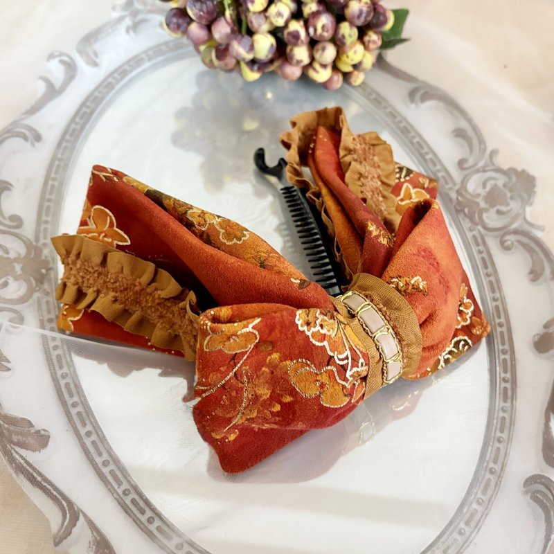 复古烫金布艺香蕉夹 鲨鱼夹 发夹 发圈 马尾夹 抓夹 边夹 橘红 - 发饰 - 其他材质 橘色