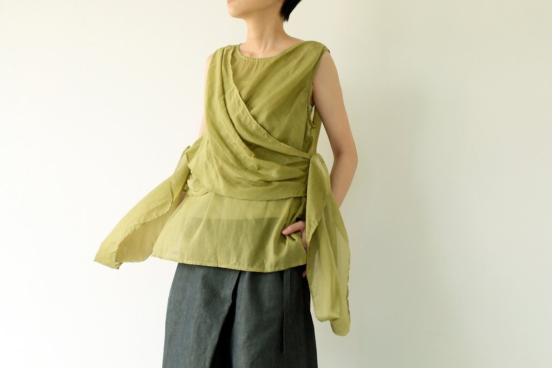 川 衣 WEAR BEING  前后绑带丝棉背心  芥末绿 - 女装背心 - 丝．绢 绿色