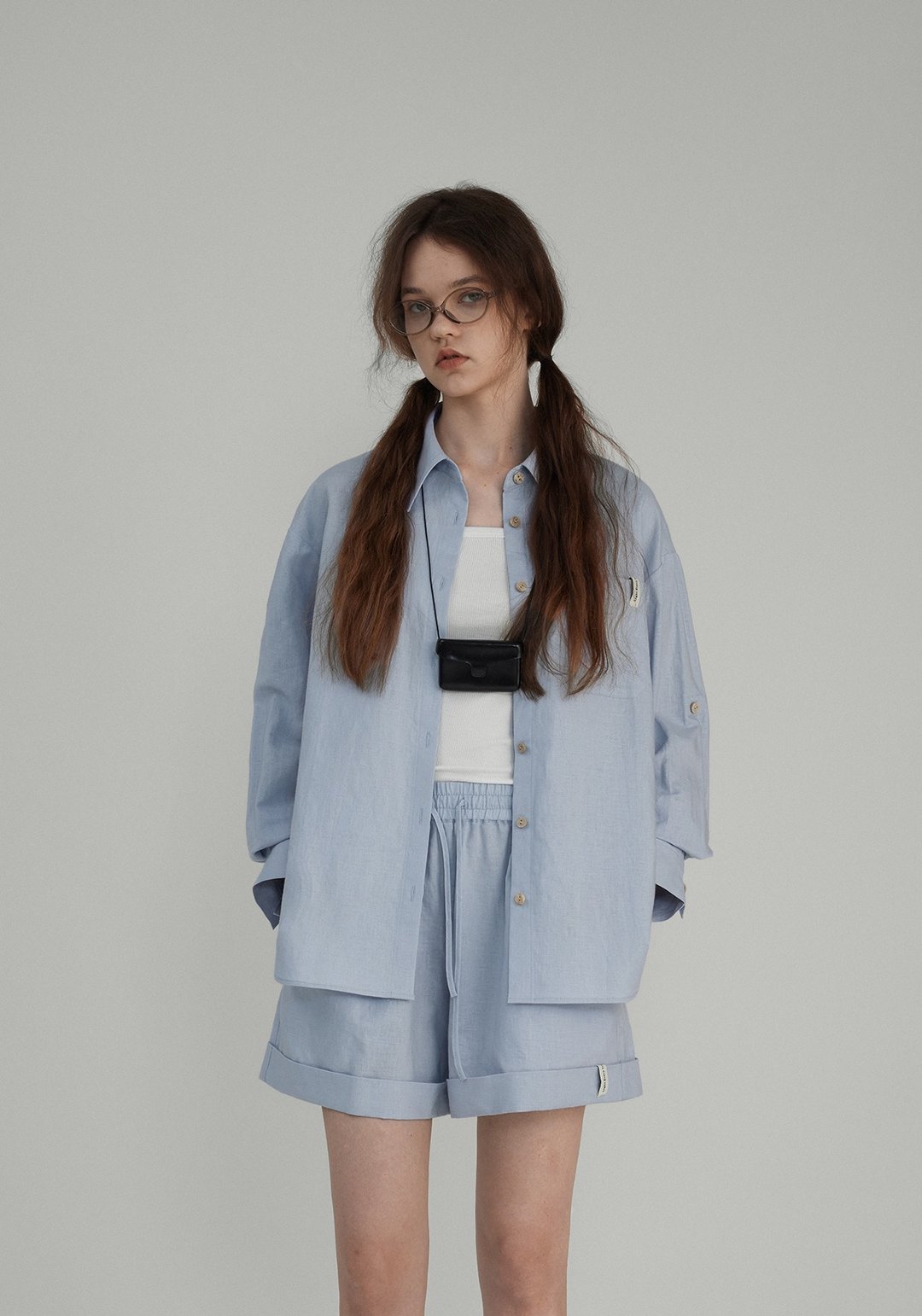 北欧summer 轻薄外套短裤套装 外套两穿可变短袖 - 女装上衣 - 其他材质 蓝色
