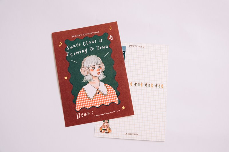 Santa claws is coming to town 听音乐女孩 圣诞明信片 - 卡片/明信片 - 纸 多色