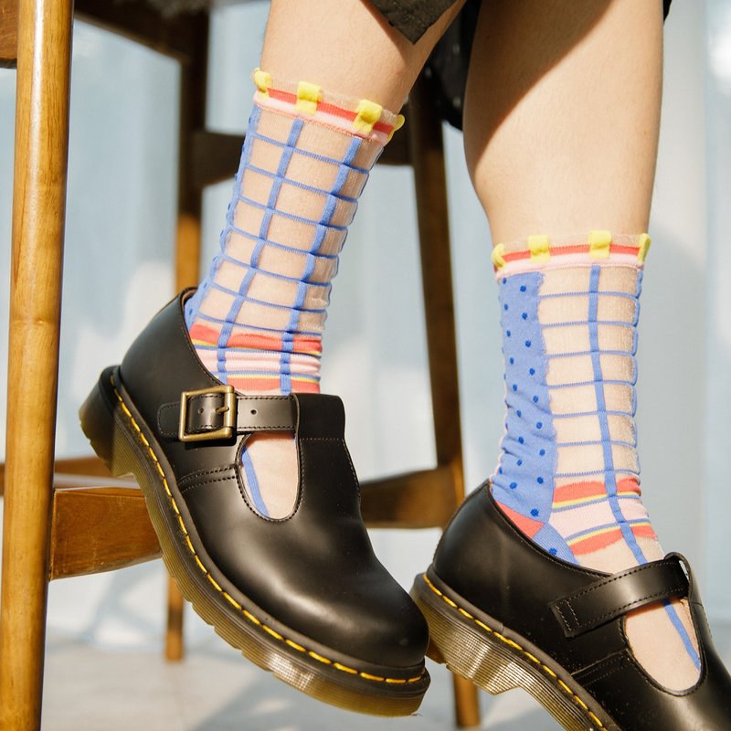 几何系列 | 卡布里蓝 -【台湾制】点点格子透纱中筒袜 - 袜子 - 尼龙 多色