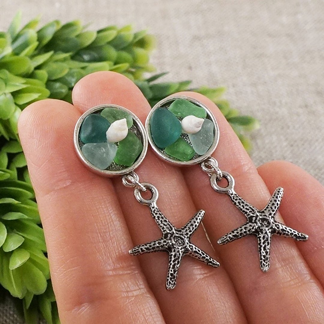 Green Sea Glass Earrings Sea Star Shell Silver Starfish Marine Earrings Jewelry - 耳环/耳夹 - 琉璃 绿色