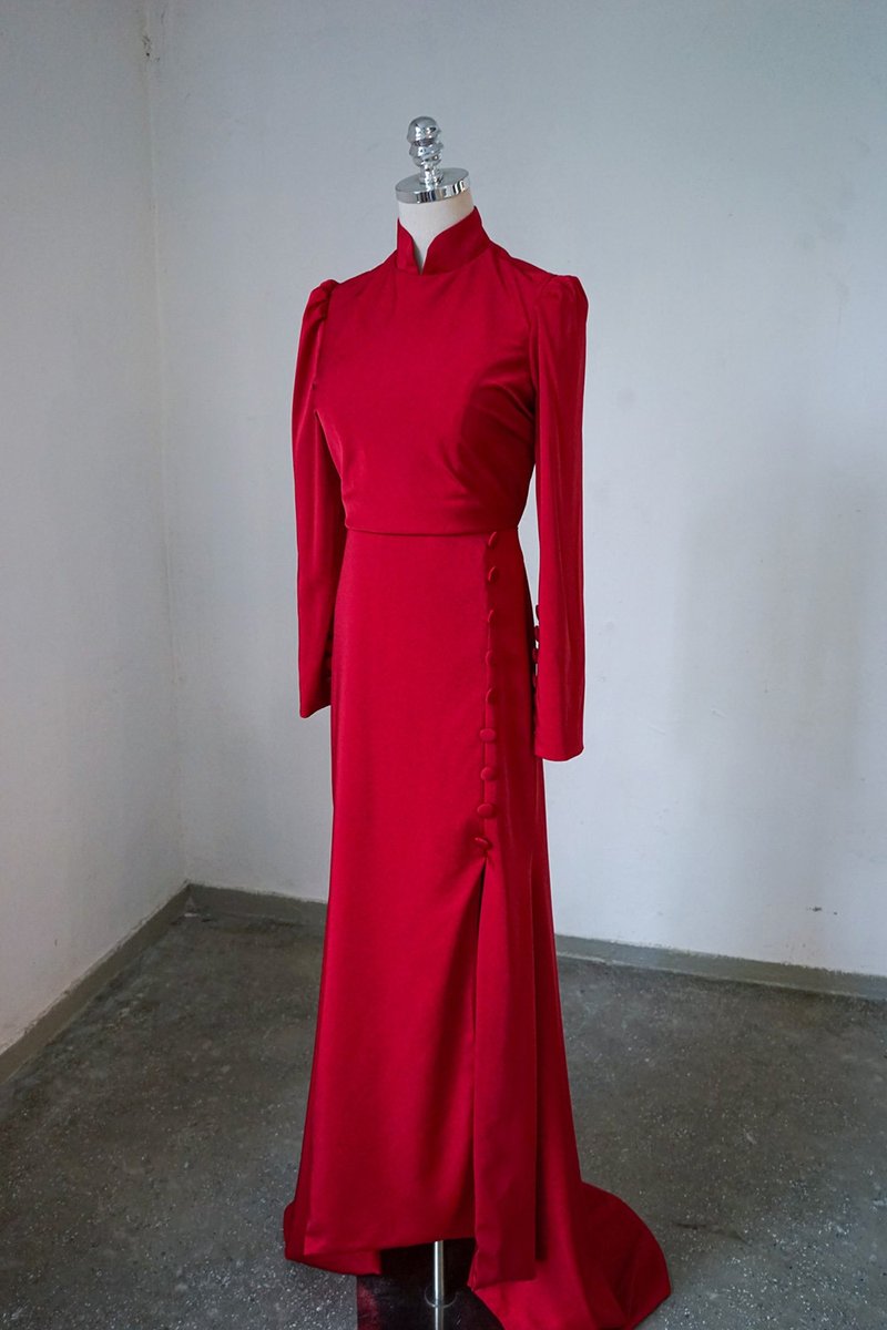 长袖新娘旗袍(红色) - Sample| 香港设计 | 新娘裙 | 婚礼服 - 旗袍 - 丝．绢 红色