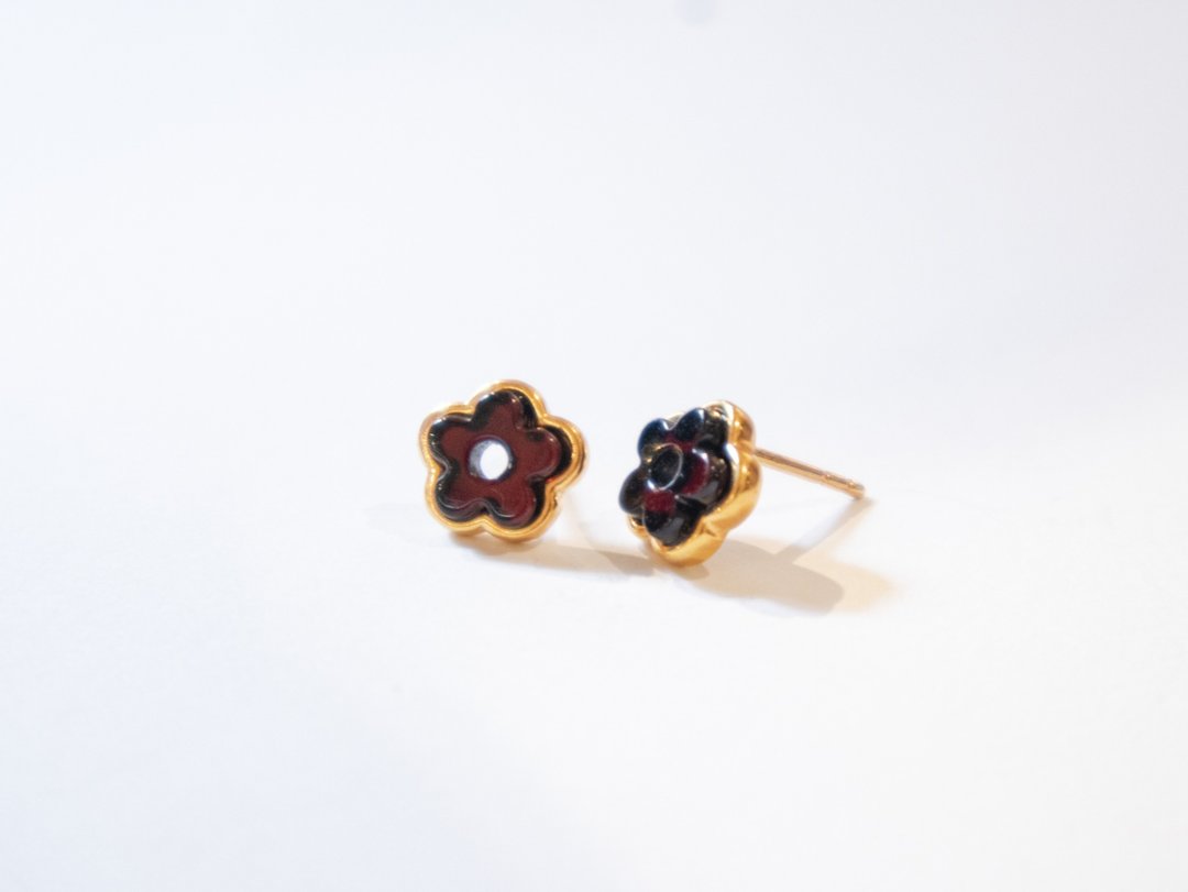 925 silver AMBER。 花。耳环。耳钉 - 耳环/耳夹 - 宝石 金色