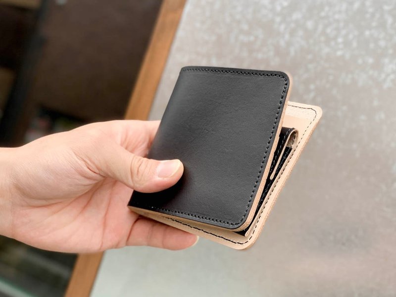 SHORT Black x Nume Monotone Contrast Short Flat Wallet Compact SFW-KWKK-K - 皮夹/钱包 - 真皮 黑色