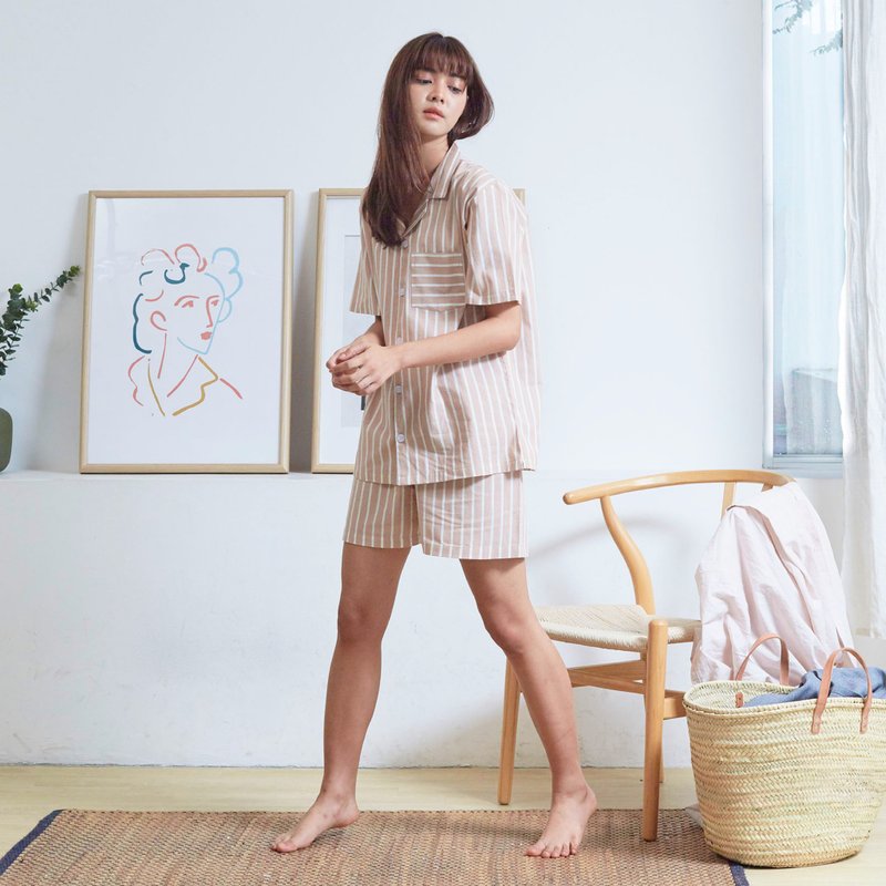 Linen Pajamas Short sleeve with Shorts - 居家服/睡衣 - 亚麻 咖啡色