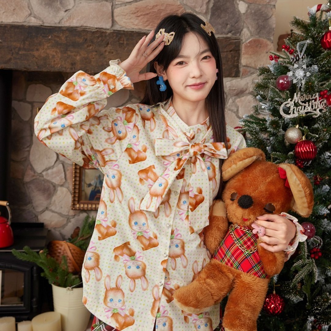 福利品 手绘复古兔子吊带绑带衬衫 略宽松 - 女装衬衫 - 聚酯纤维 