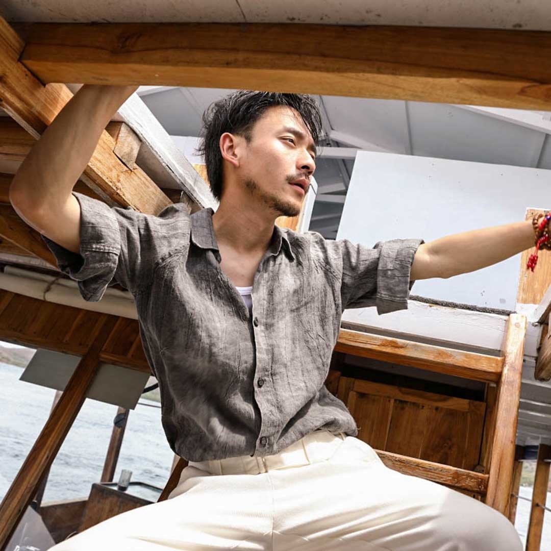 SOARIN原创复古仿旧水洗渐层插肩袖休闲衬衫-灰色短袖 ( 92C222 ) - 男装衬衫 - 棉．麻 灰色