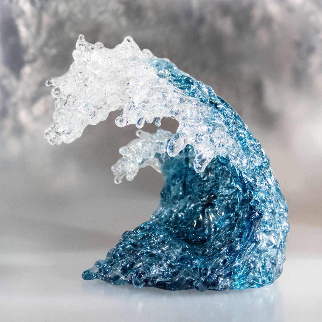 Blue Ocean Wave • Glass Art Sculpture for Home Decor • Surfer and freediver gift - 玩偶/公仔 - 玻璃 蓝色