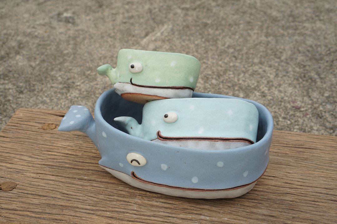 Whale pot , Whale plant pot , Handmade ceramics , pottery - 花瓶/陶器 - 陶 蓝色
